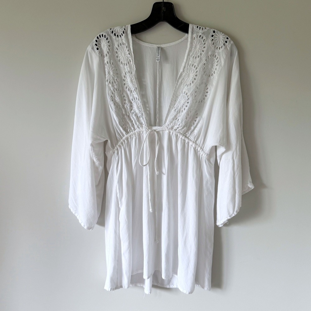 Raviya White‎ Eyelet Embroidered Swim Cover Up Tunic Kimono Sleeve Rayon Small